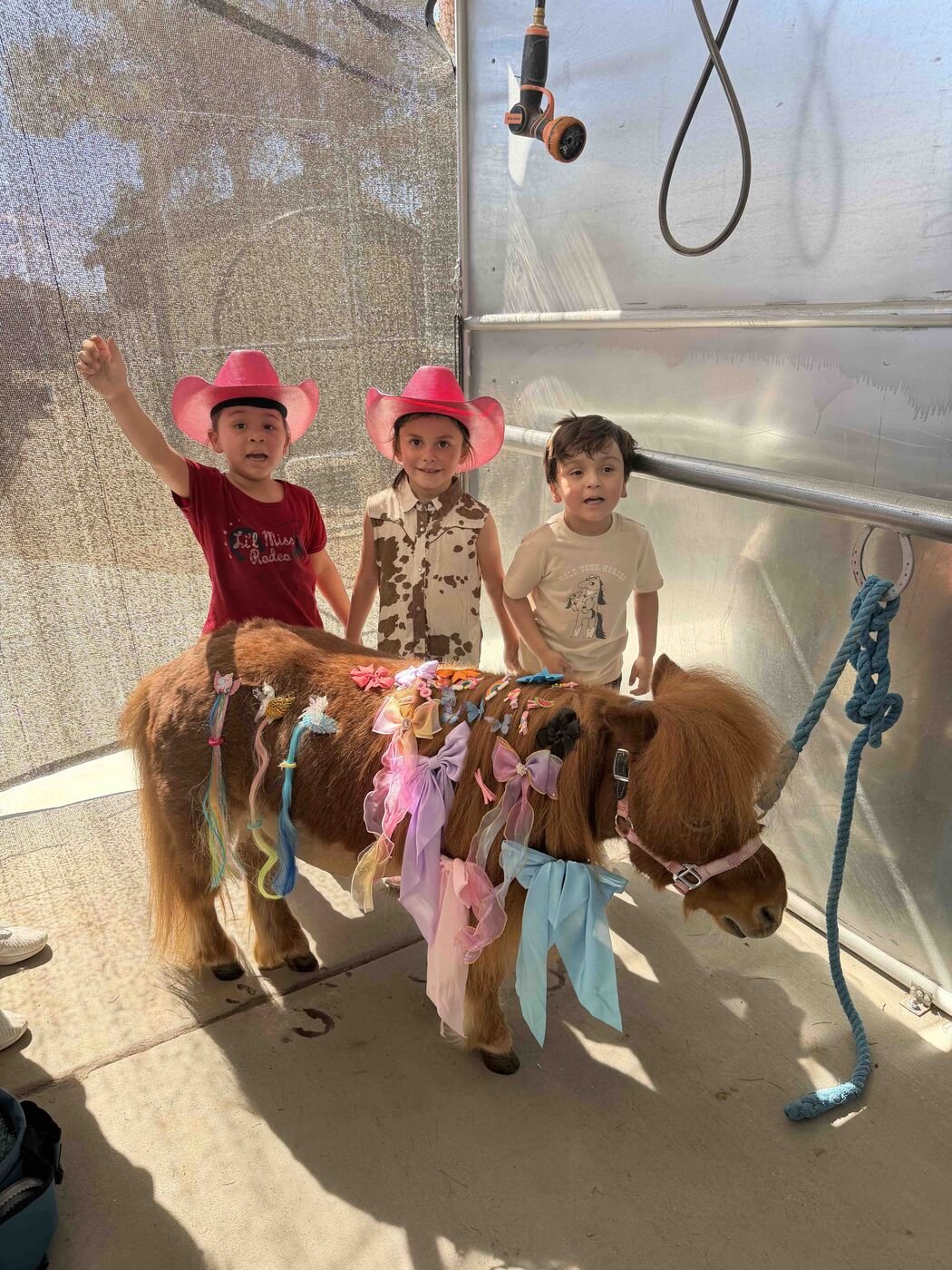 Three smiling children in cowboy hats sitting on a miniature horse decorated with ribbons