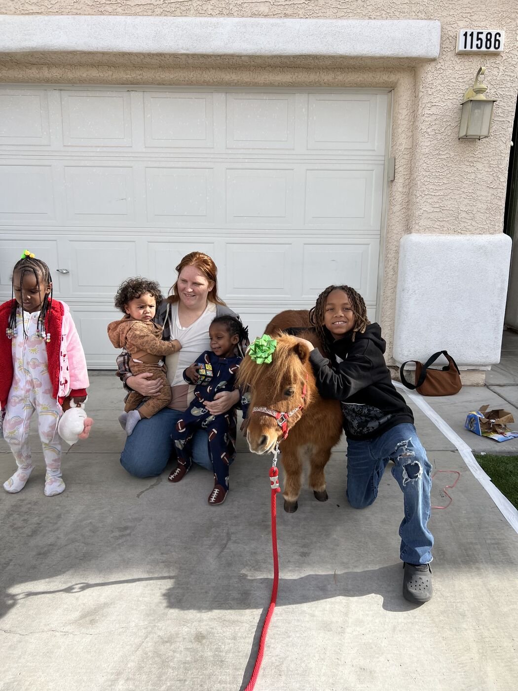 A family of children posing with a miniature horse