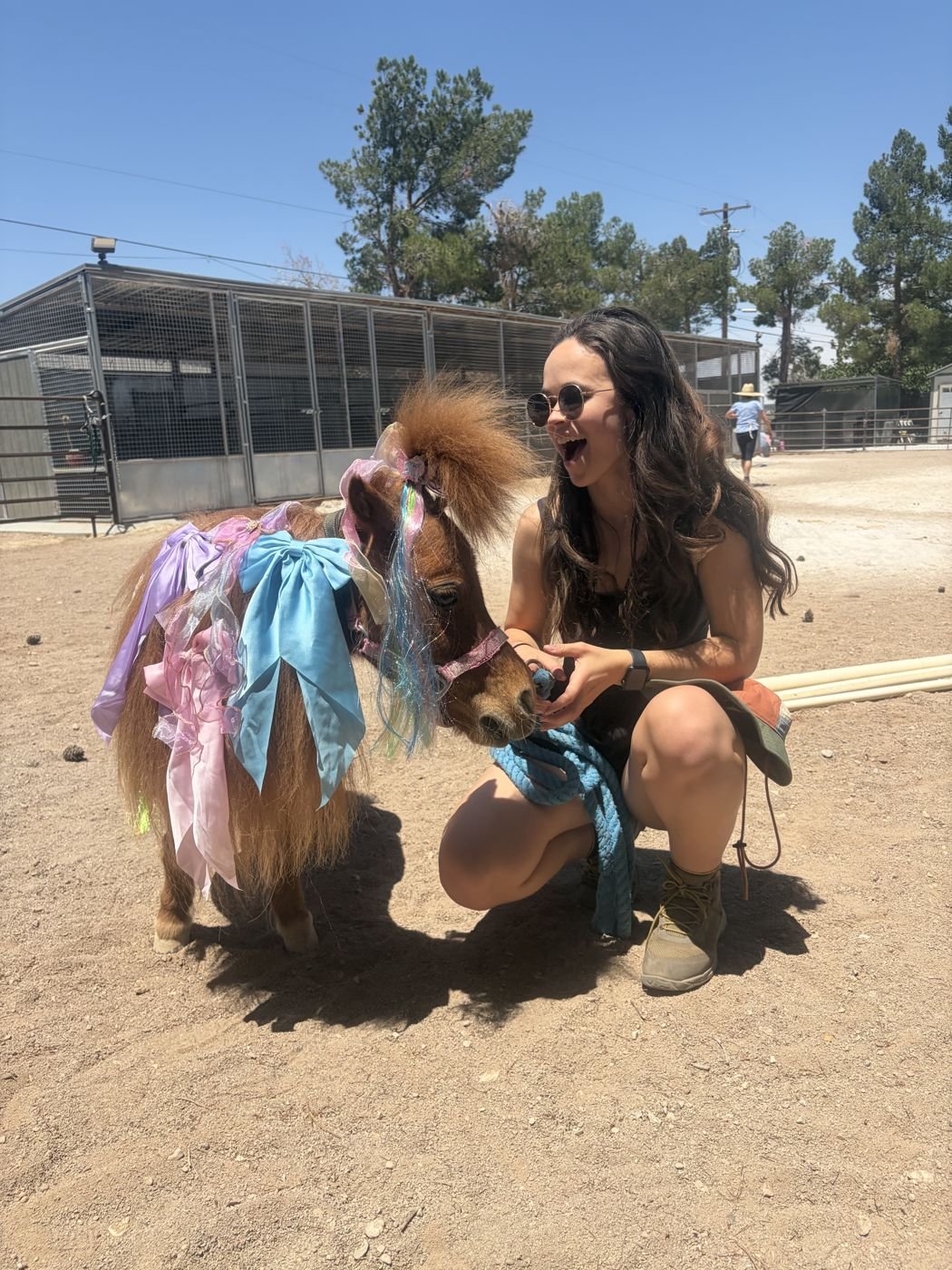 A smiling visitor kneeling beside a miniature horse dressed in pastel ribbons