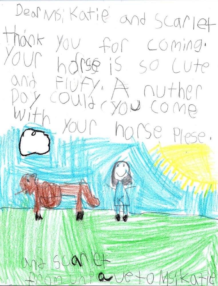 Child's drawing and thank-you note to Ms. Katie and Scarlet