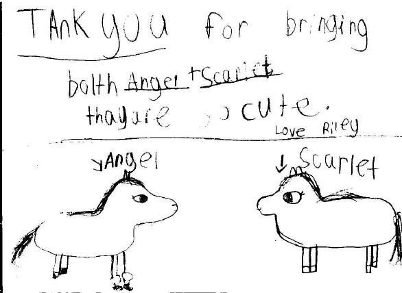Thank-you note with drawings of Angel and Scarlet