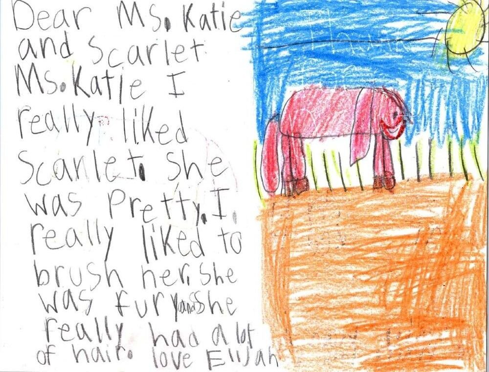 Child's thank-you note about brushing Scarlet