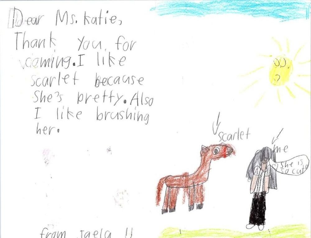 Child's thank-you note and drawing of Scarlet